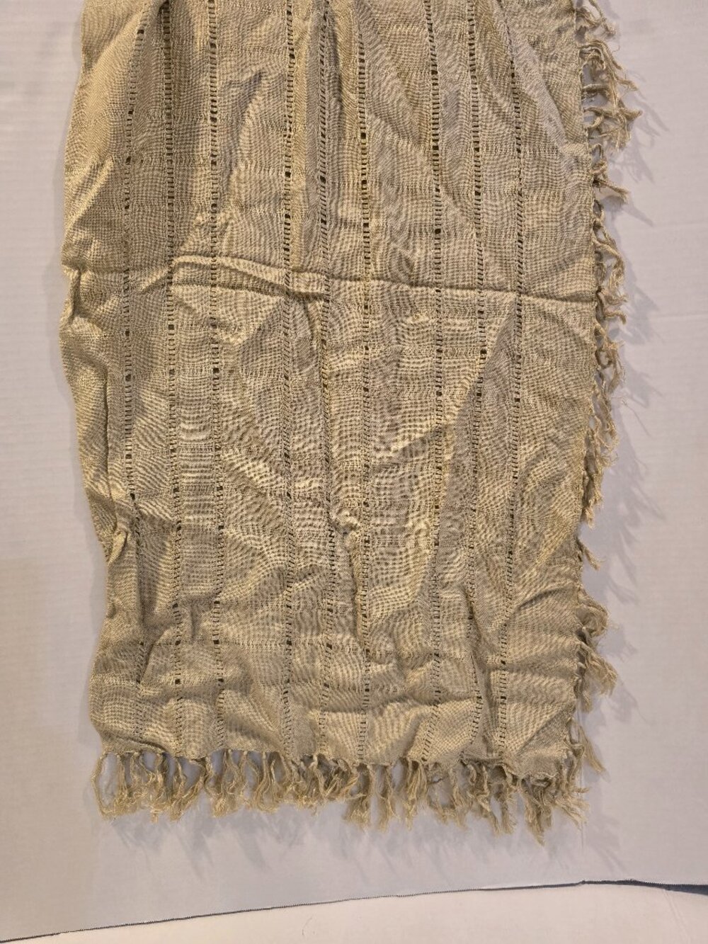 Scarf Square Woven Rayon Sage Green Fringe Open Weave India 1990s Vintage